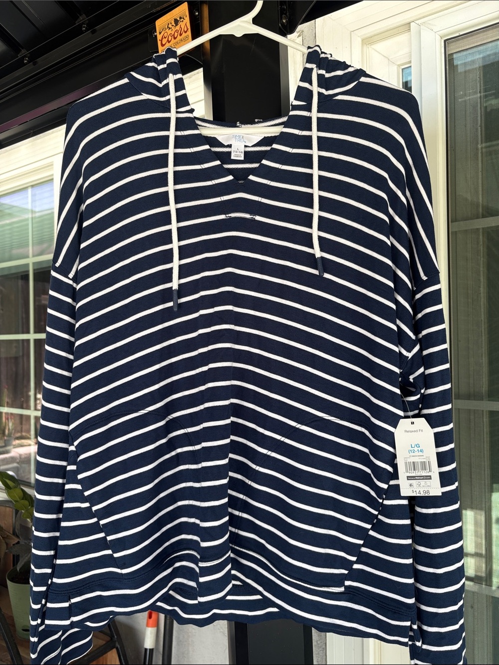 Time and Tru Navy and White Striped V-Neck Hoodie Sweater